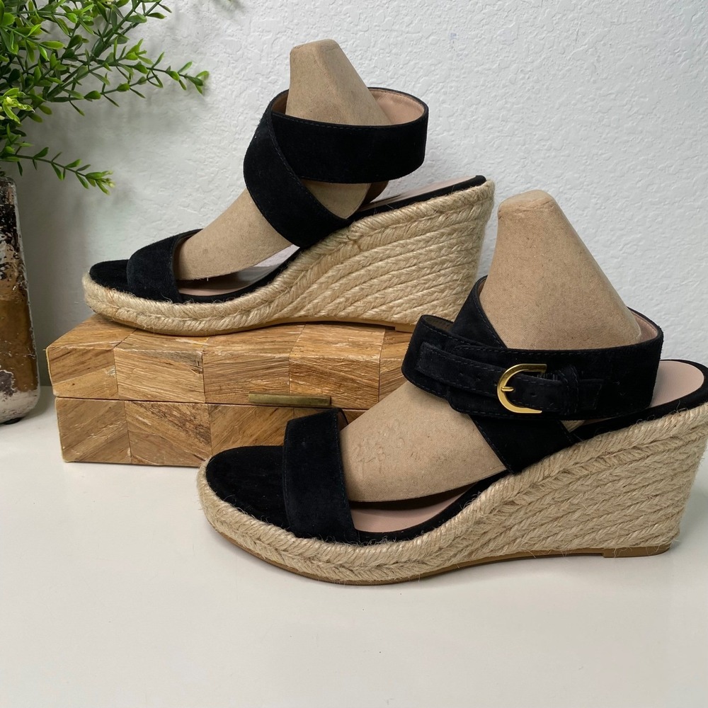 Stuart Weitzman Lexia Espadrille Wedge Sandal Ankle Strap Black Suede Size 8 - Picture 3 of 13